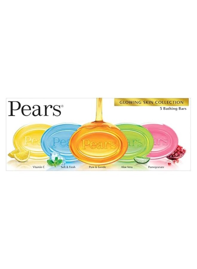 Pears Glycerin Bathing Bar, Variety Pack, 125g, Pure & Gentle, Soft & Fresh, Aloe Vera, Pomegranate and Vitamin C, Dermatologically Tested for Men and Women, Pack of 5 - Image 2